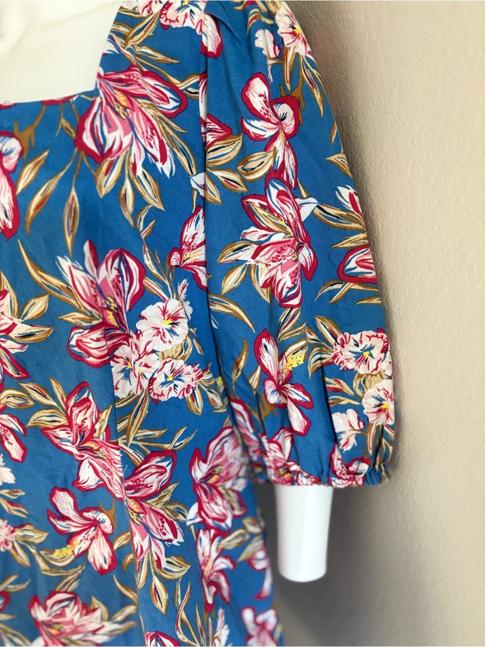 a new day Teal-Blue Floral Square-Neck Mini Dress with Pink Blooms - Picture 3 of 7